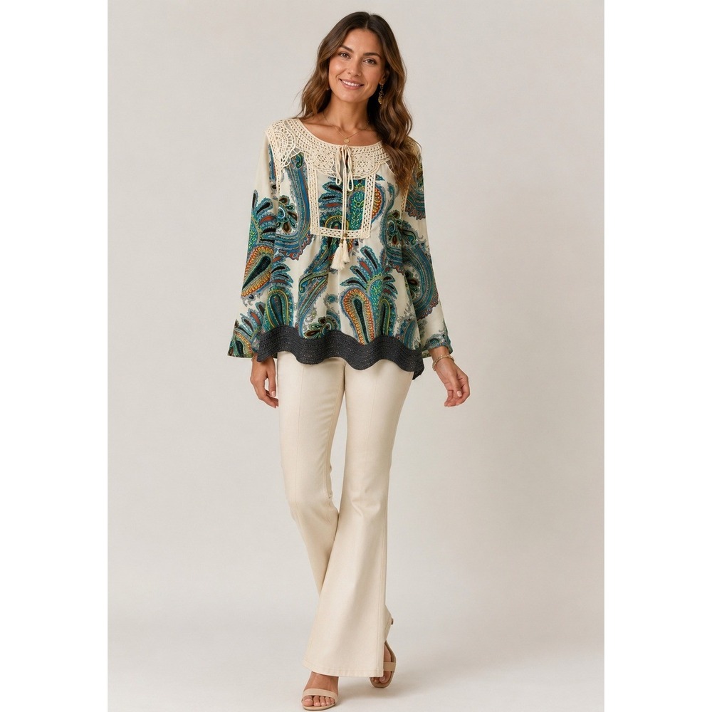 Daniel Rainn Blouse Womens Medium Paisley Polyester Crochet Tie Tassel Upper